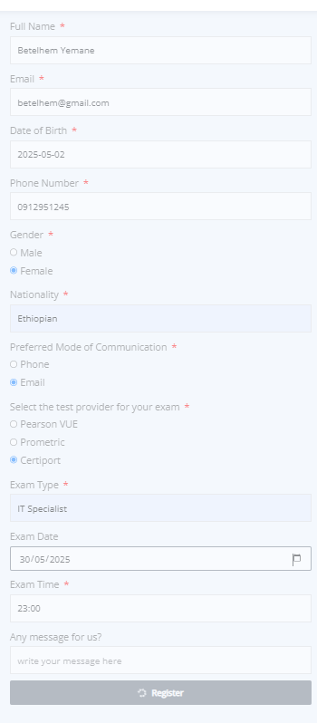 Registration form with user inputs