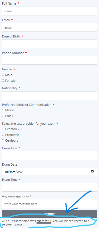 Registration form after Register button is clicked