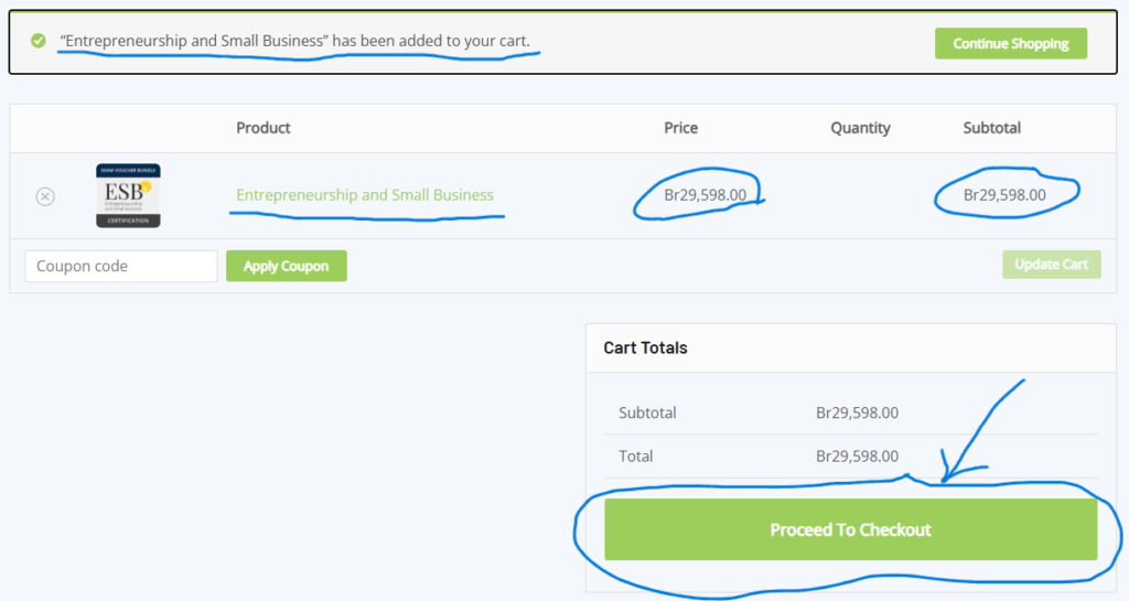 the cart page with the selected product