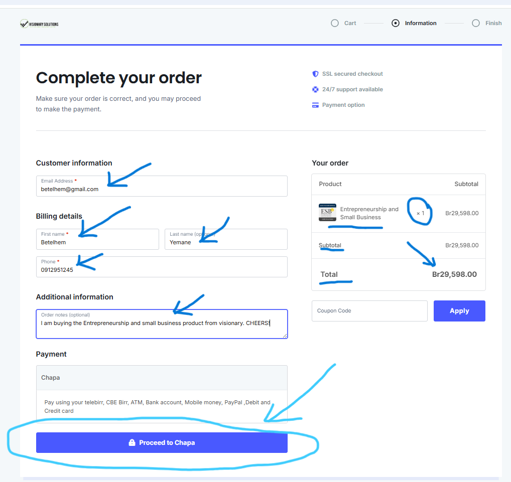 the checkout page