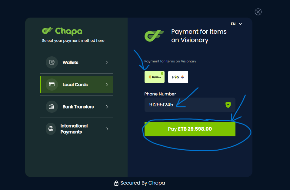 Chapa's Payment page for Visionary Solutions